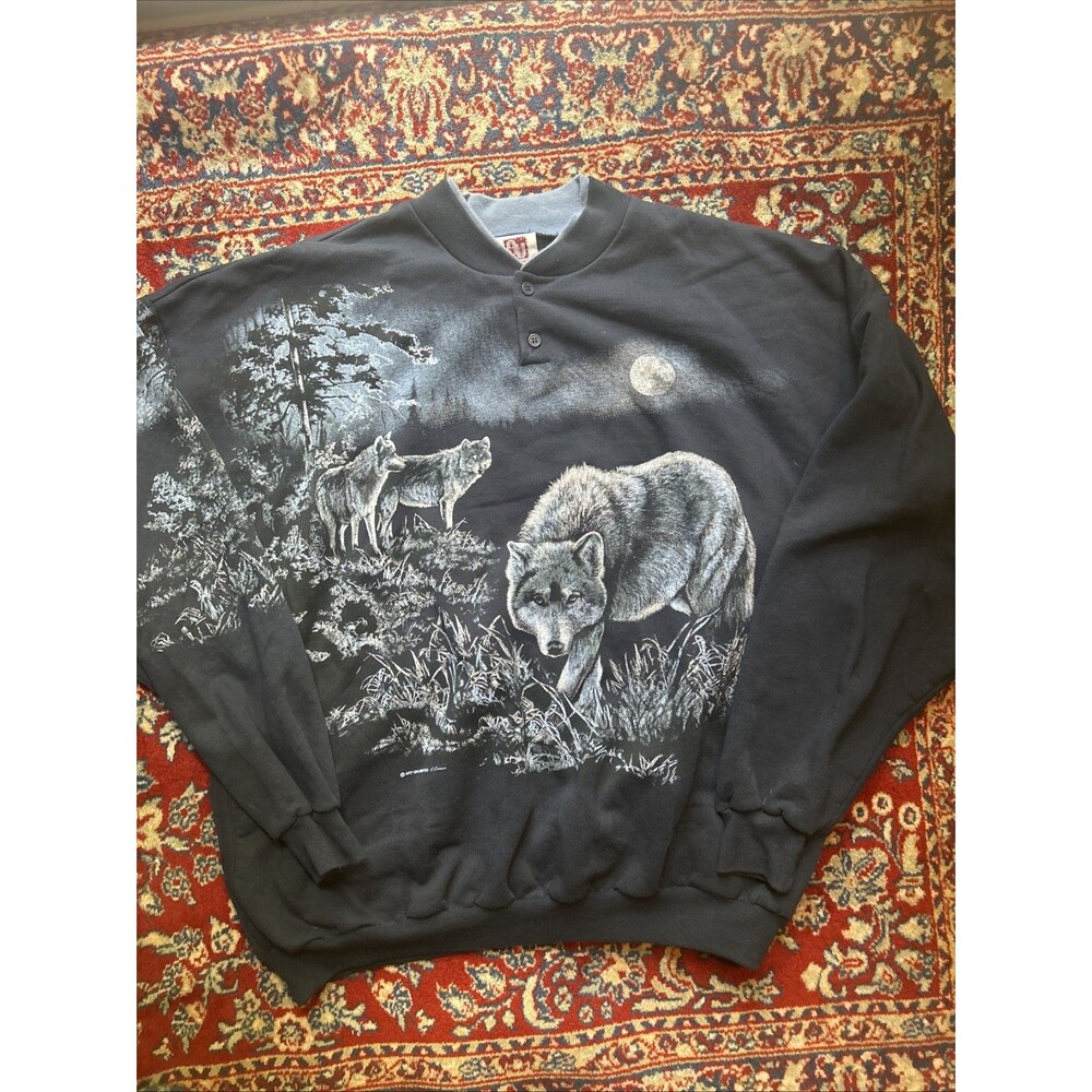 VTG 90s Art Unlimited Wolf AOP Pullover Sweatshirt - Mens Size XXXL - Blue